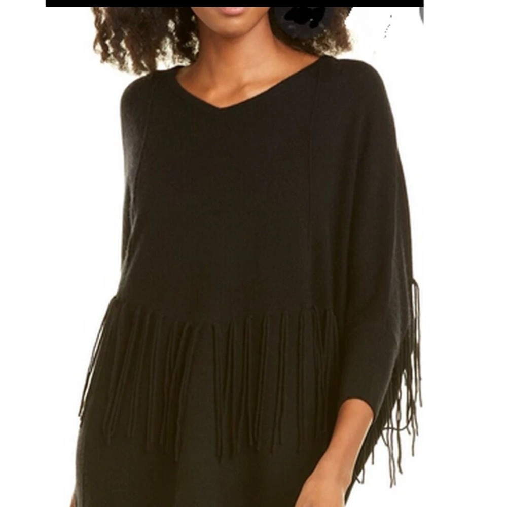 Magaschoni Black Wool Cashmere Fringe V-Neck Poncho Sweater XS/S